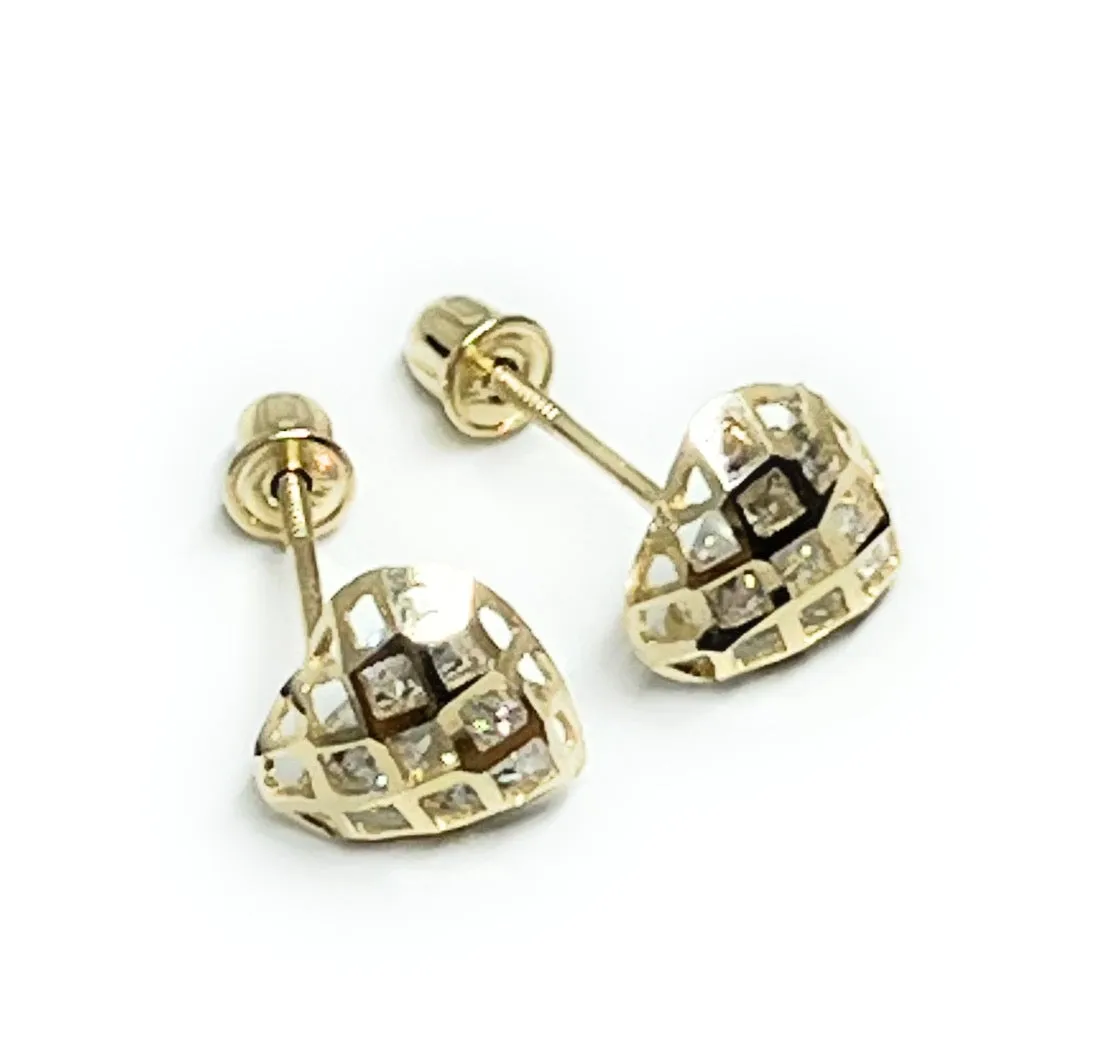 10k Solid Gold Cubic Zirconia Heart Mini Dainty Stud Earrings (FCE 01)