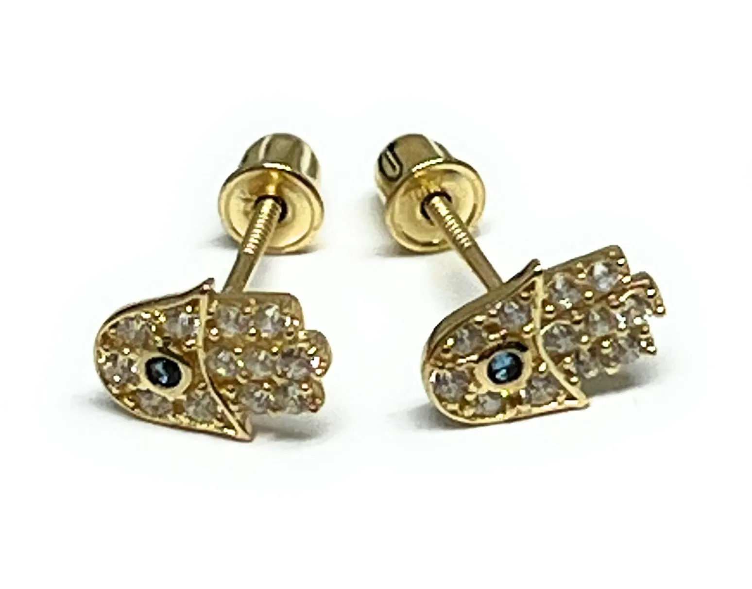 10k Solid Gold CZ Hamsa Evil Eye Mini Dainty Stud Earrings (FCE 05)