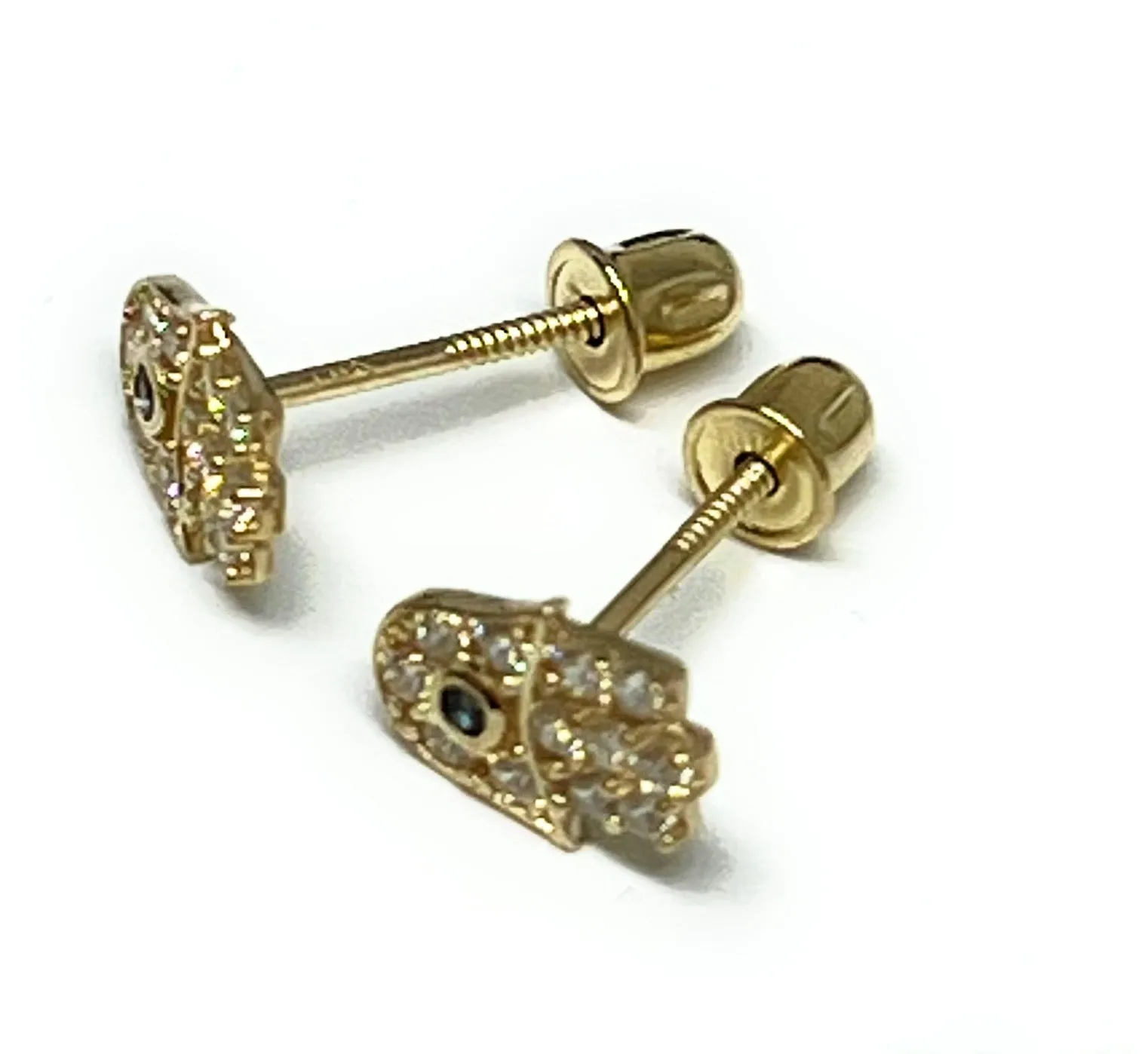 10k Solid Gold CZ Hamsa Evil Eye Mini Dainty Stud Earrings (FCE 05)