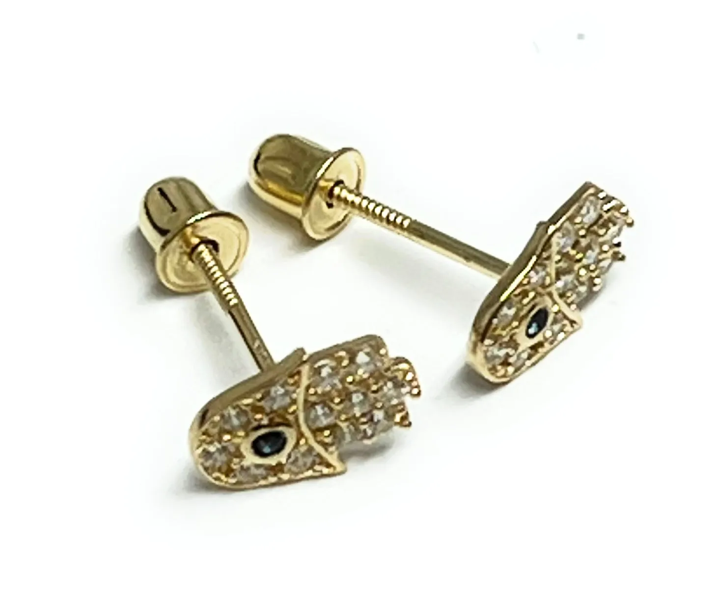 10k Solid Gold CZ Hamsa Evil Eye Mini Dainty Stud Earrings (FCE 05)