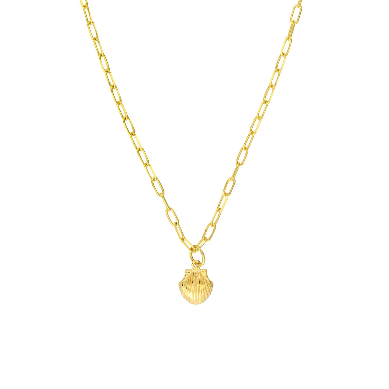 14K Yellow Gold Mini Seashell Pendant Paperclip Chain Necklace