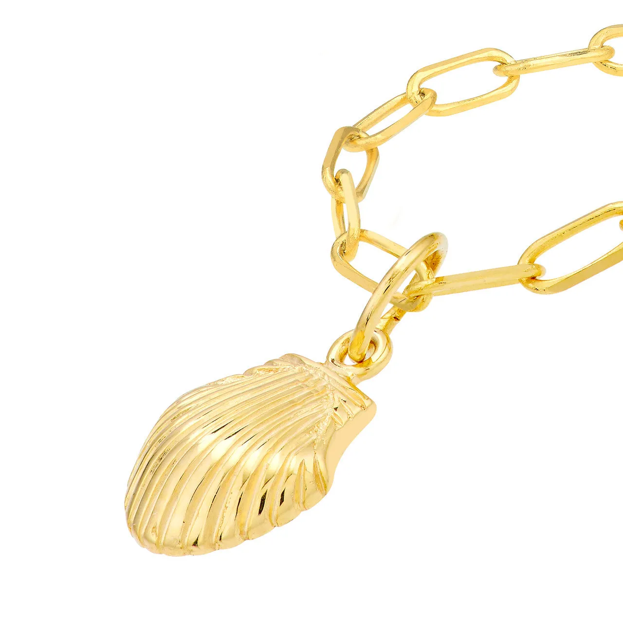 14K Yellow Gold Mini Seashell Pendant Paperclip Chain Necklace