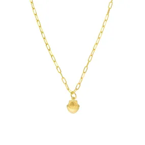 14K Yellow Gold Mini Seashell Pendant Paperclip Chain Necklace