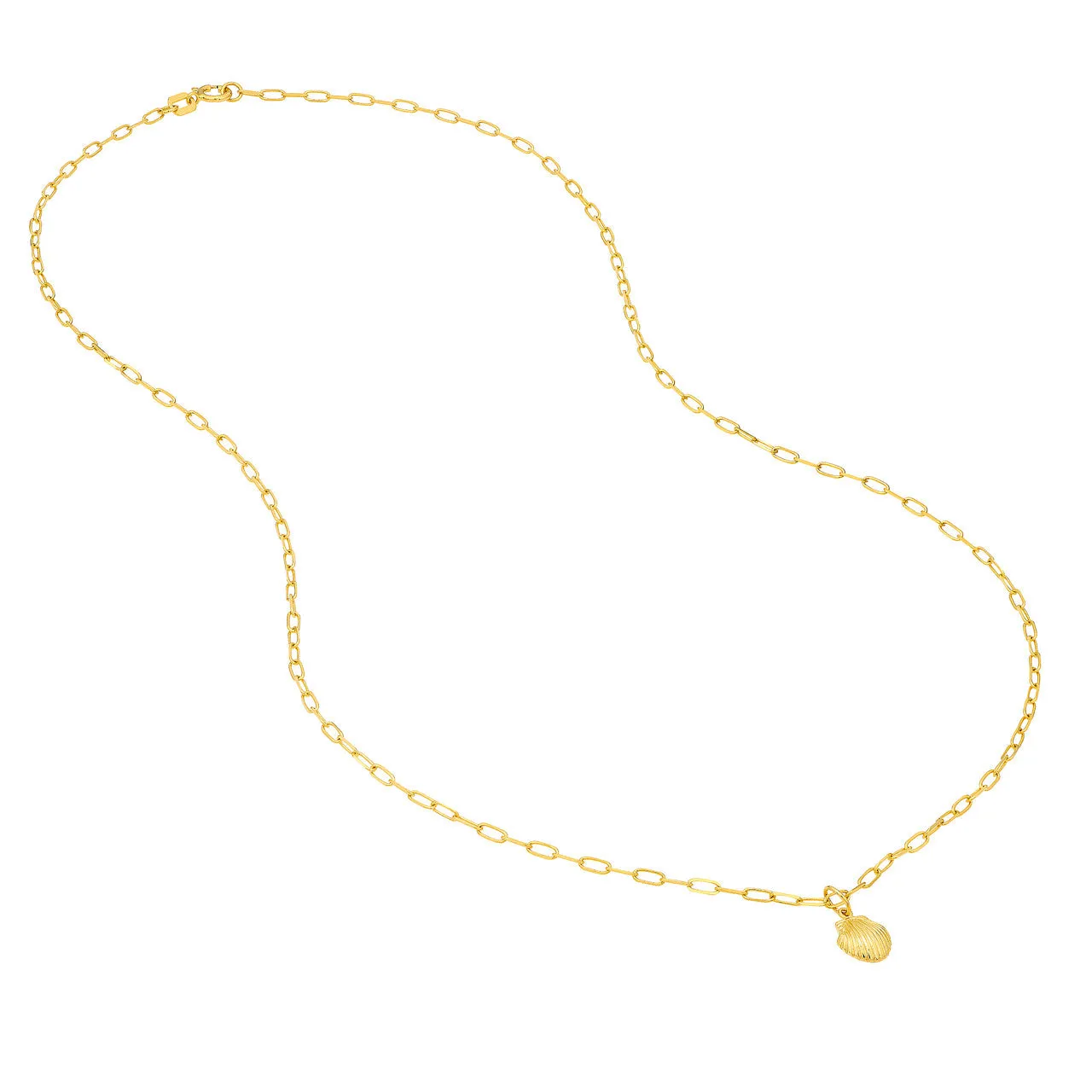 14K Yellow Gold Mini Seashell Pendant Paperclip Chain Necklace