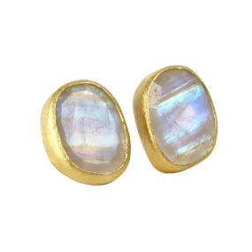 22K Gold Bezel-Set Moonstone Stud Earrings