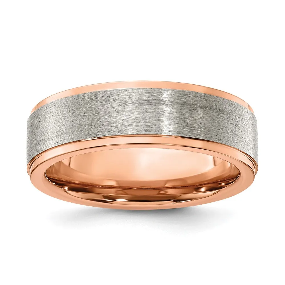 7mm Titanium & Rose Tone Plated Ridged Edge Standard Fit Band