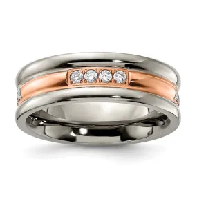 7mm Titanium, Rose Tone Plated, & CZ Grooved Standard Fit Band