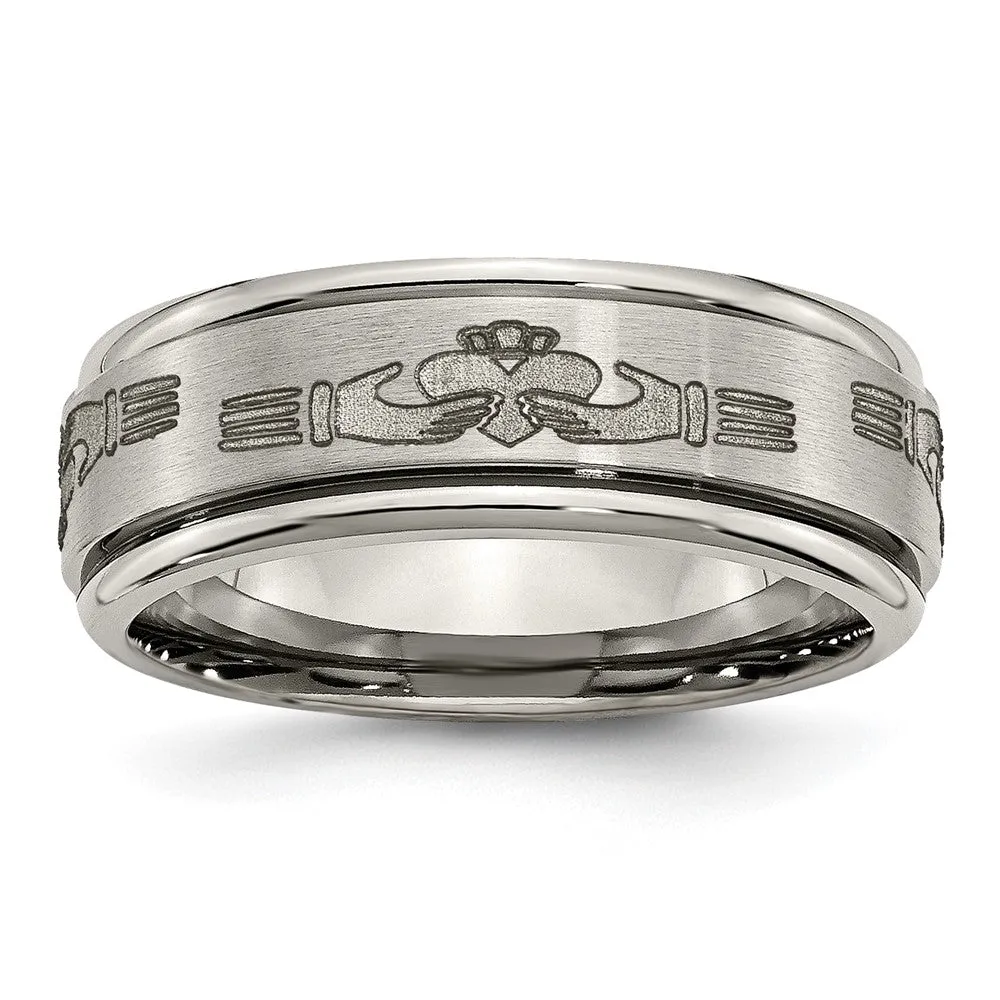 8mm Titanium Laser Etched Claddagh Grooved Edge Standard Fit Band