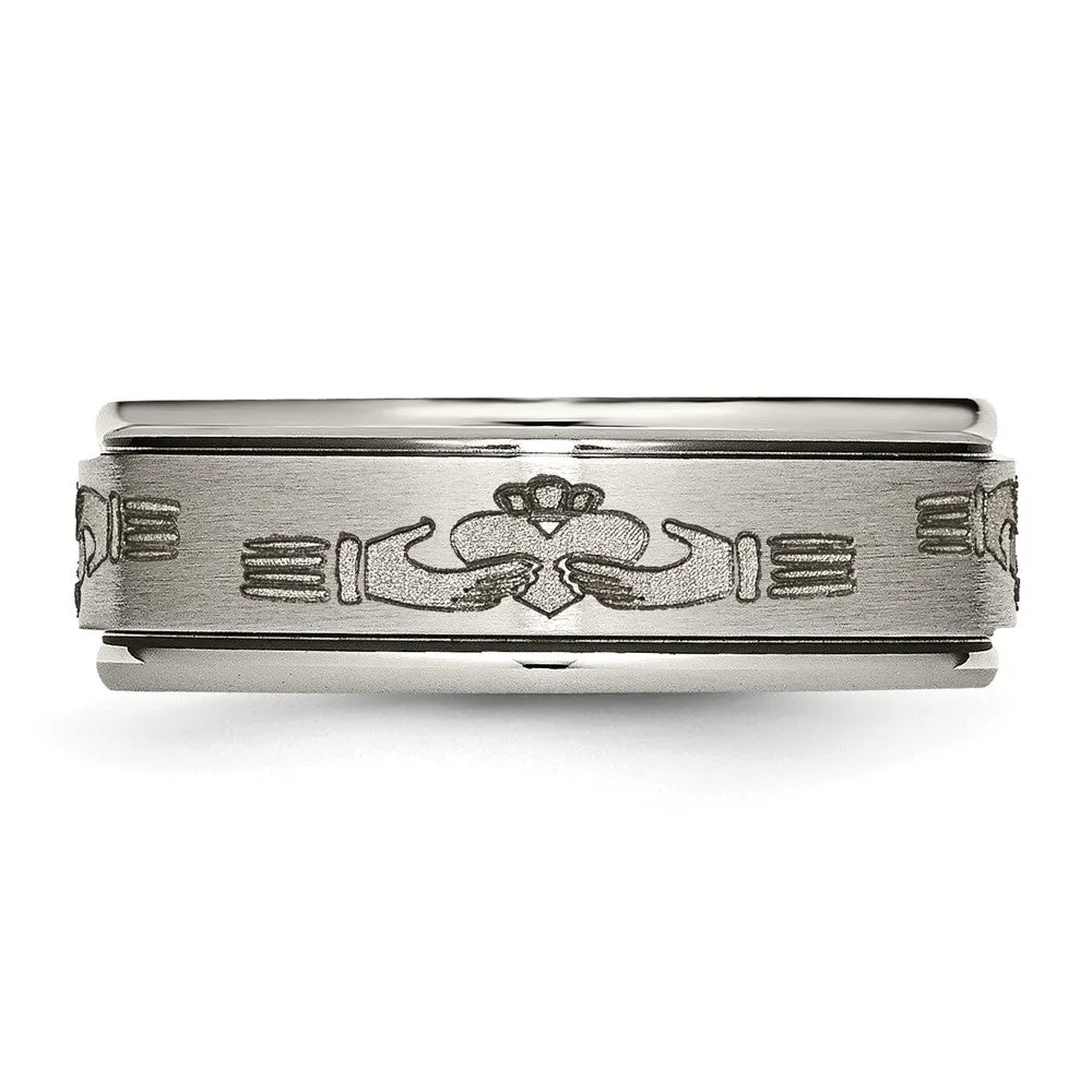 8mm Titanium Laser Etched Claddagh Grooved Edge Standard Fit Band