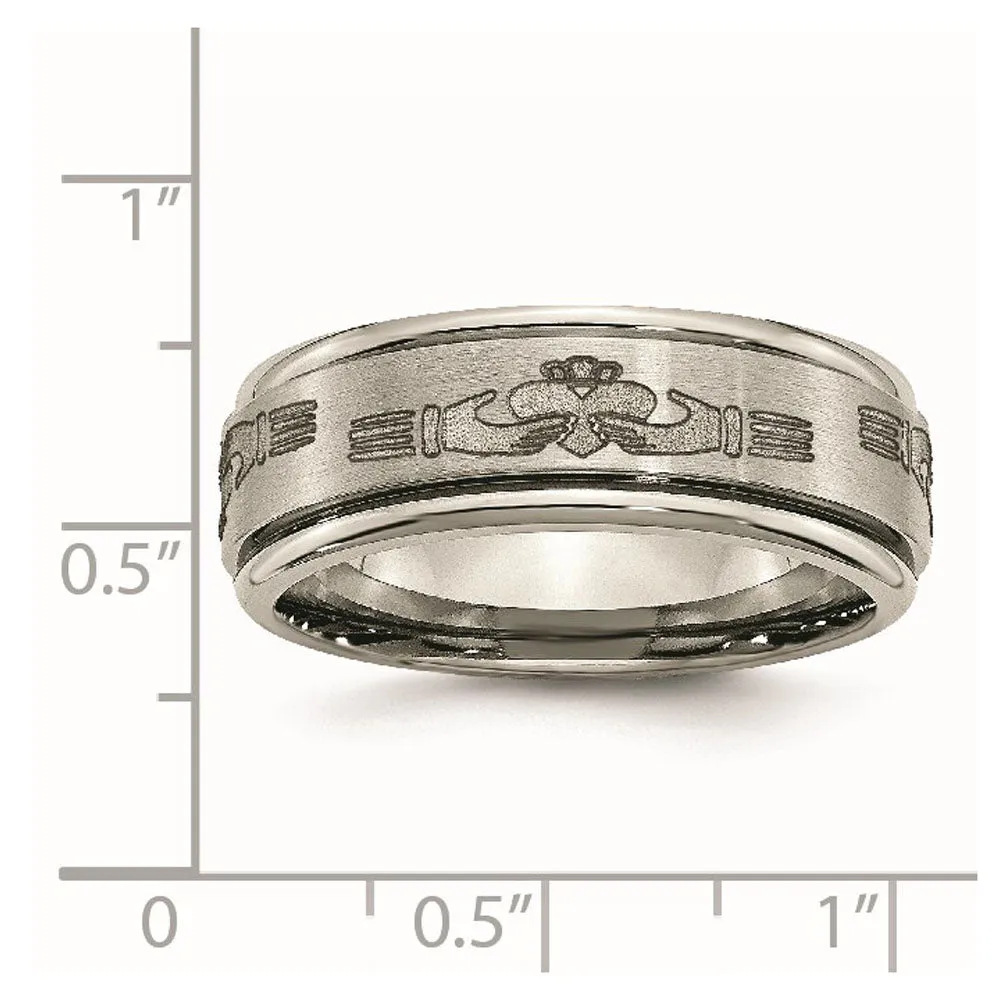 8mm Titanium Laser Etched Claddagh Grooved Edge Standard Fit Band