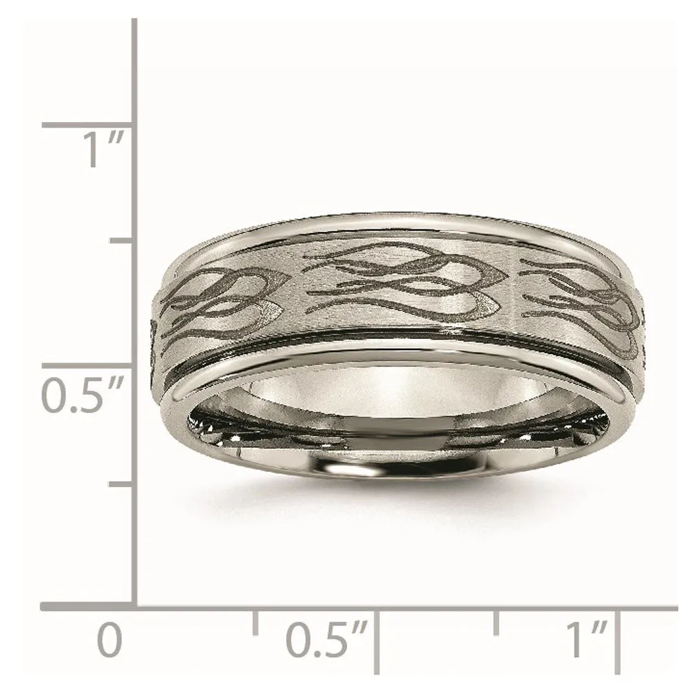 8mm Titanium Laser Etched Flames Grooved Edge Standard Fit Band