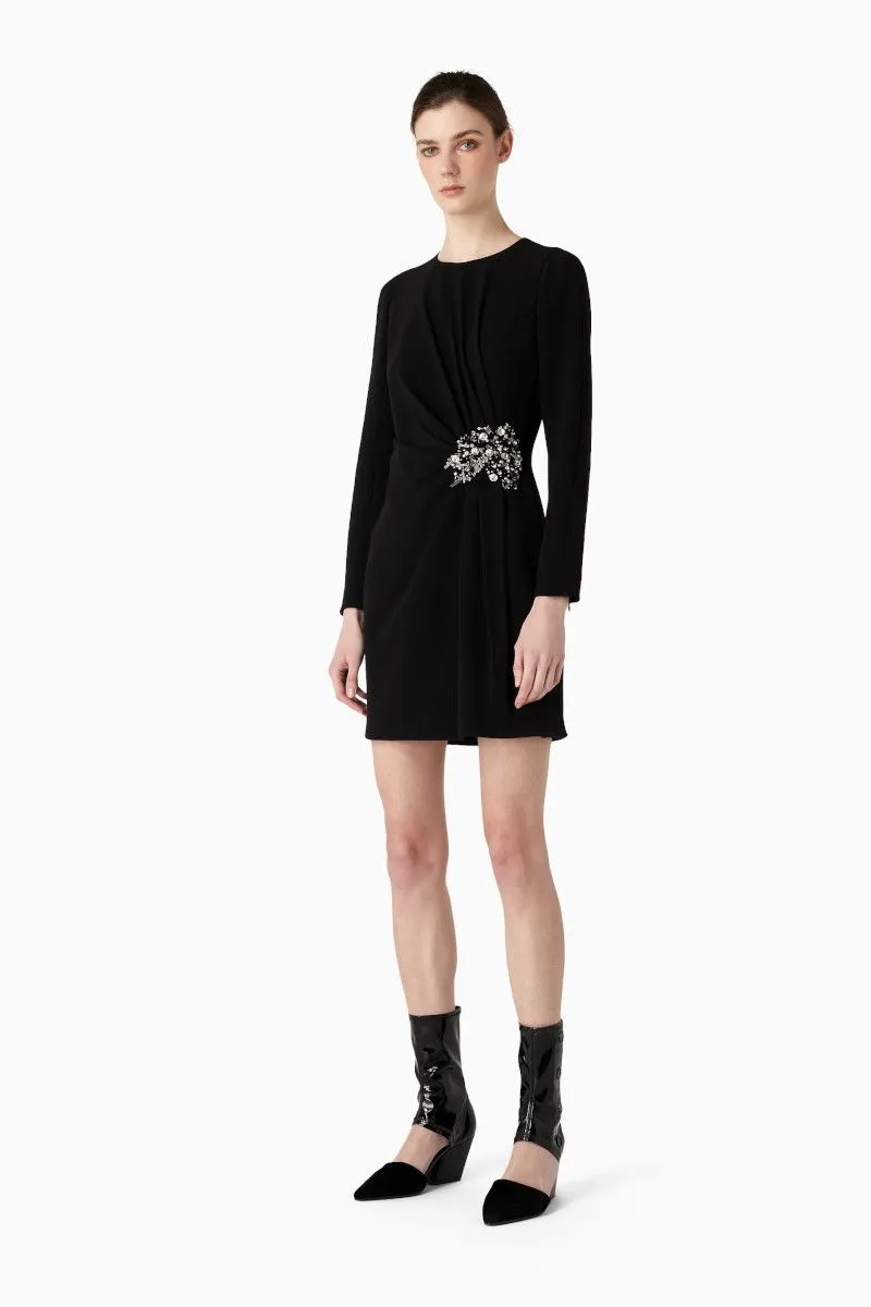 Abito maniche lunghe in cady crepe con drappeggio e broderie donna Nero