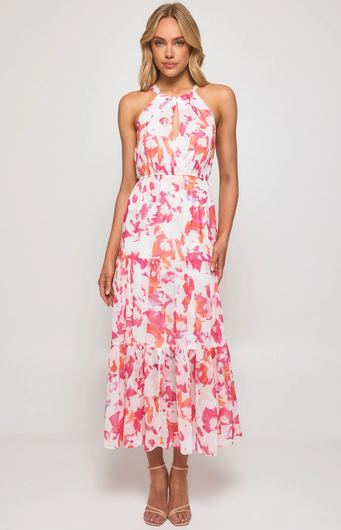 Abstract Print Halter Midi Dress with Tiered Hem (SDR1134-2B)