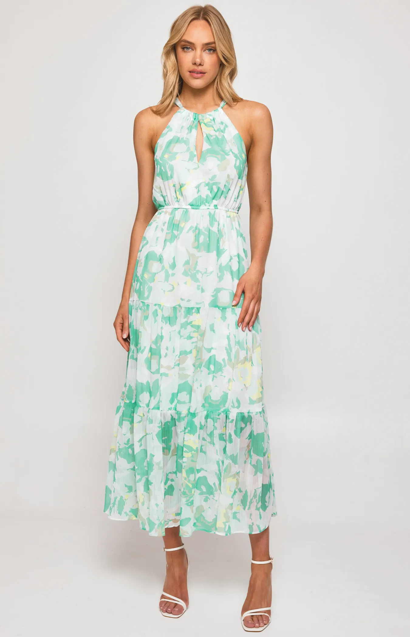 Abstract Print Halter Midi Dress with Tiered Hem (SDR1134-2B)