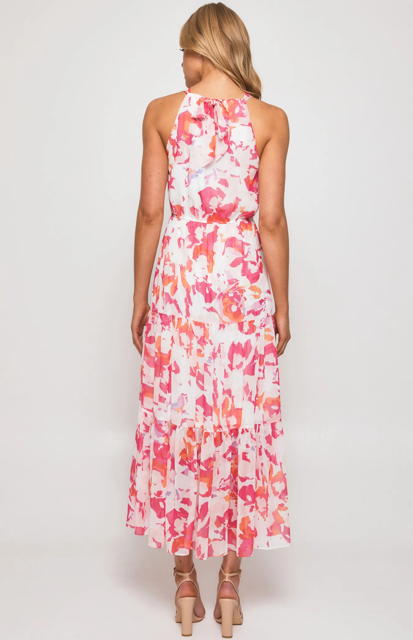 Abstract Print Halter Midi Dress with Tiered Hem (SDR1134-2B)