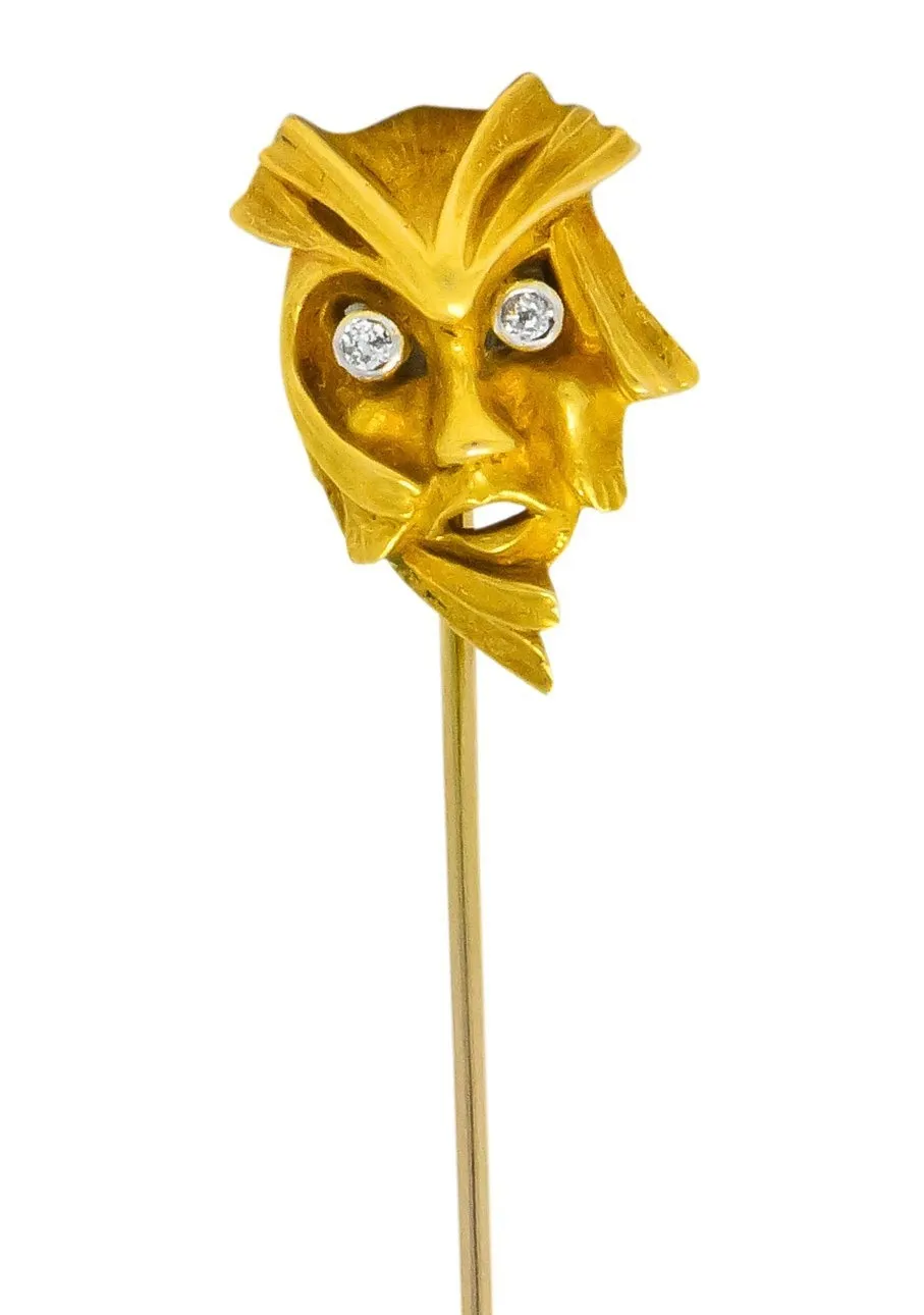 Art Nouveau Diamond 14 Karat Gold Green Man Stickpin