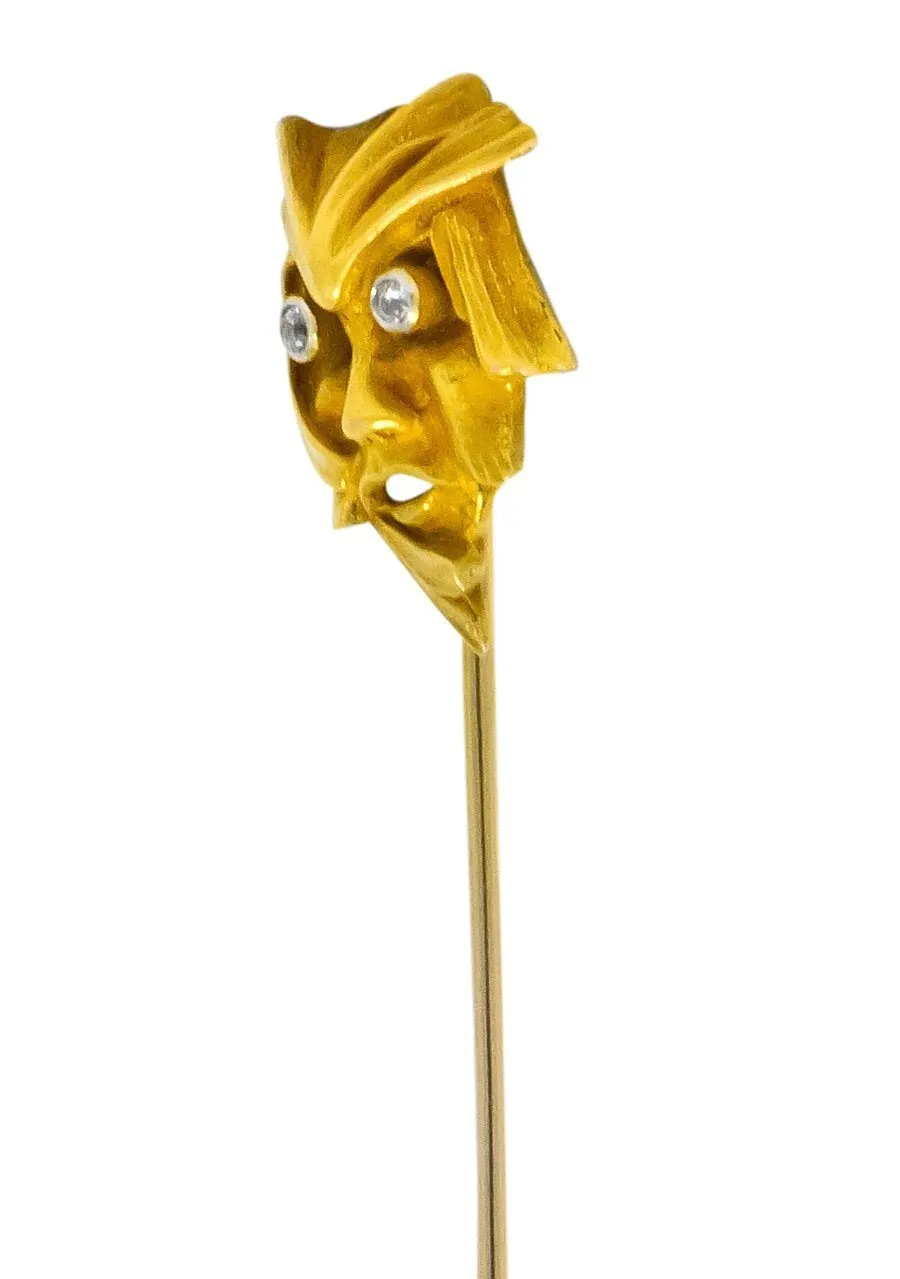 Art Nouveau Diamond 14 Karat Gold Green Man Stickpin