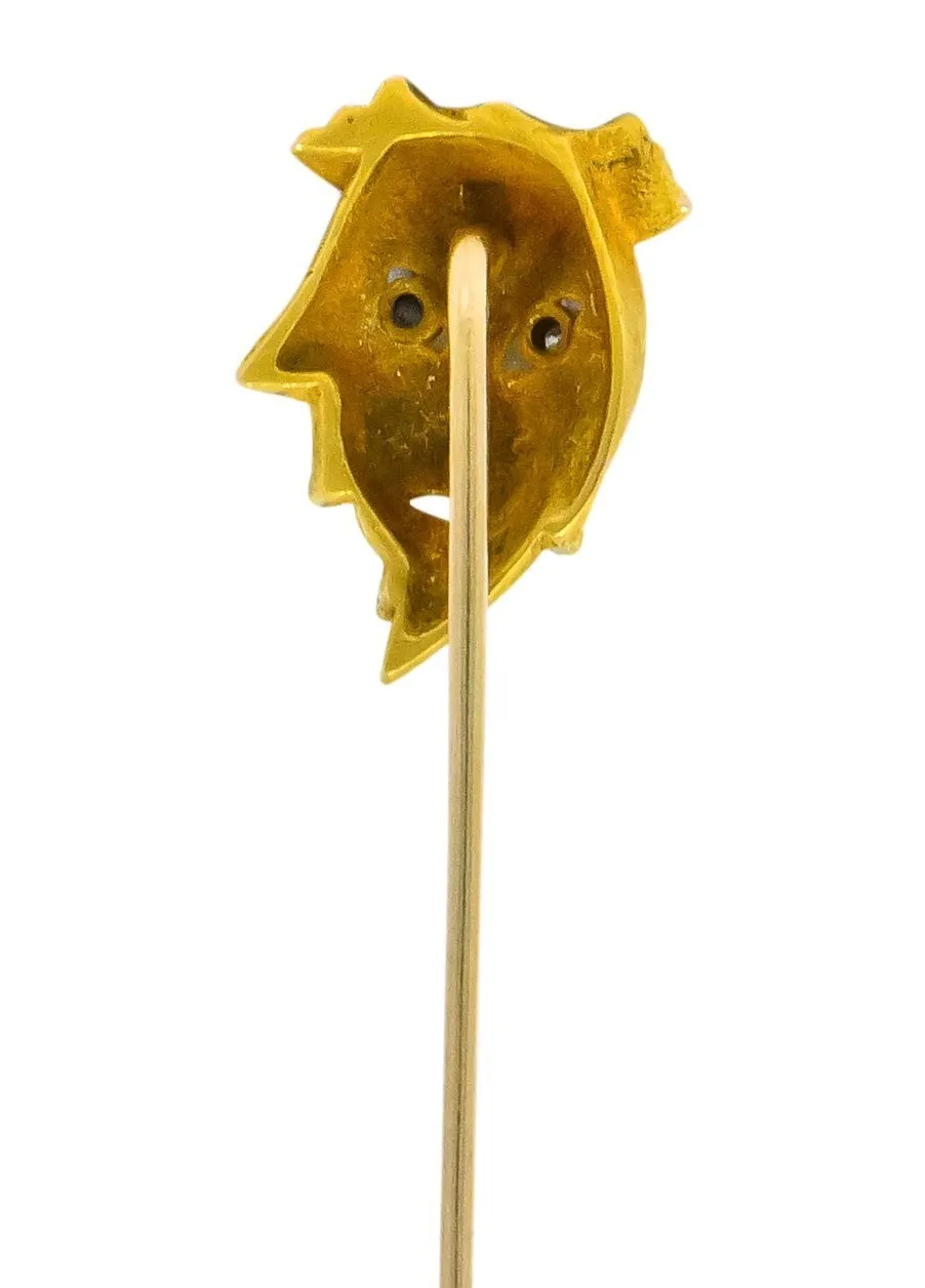 Art Nouveau Diamond 14 Karat Gold Green Man Stickpin