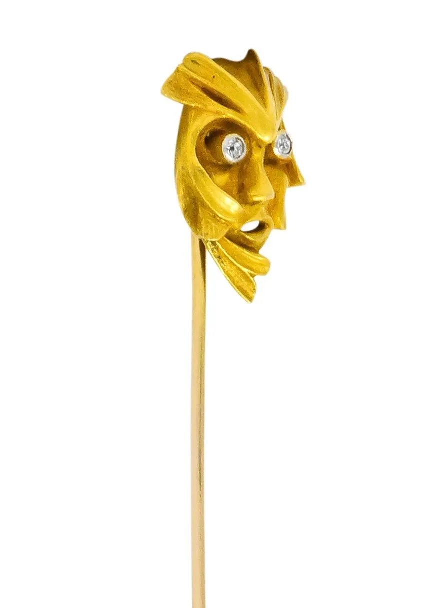 Art Nouveau Diamond 14 Karat Gold Green Man Stickpin