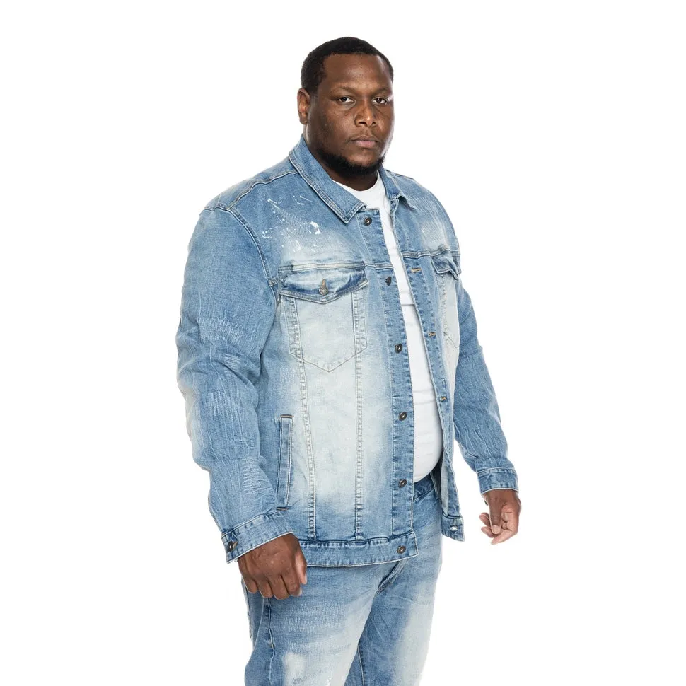 Big and Tall Bleached Detail Semi Basic Jean Jacket - Ocean Blue