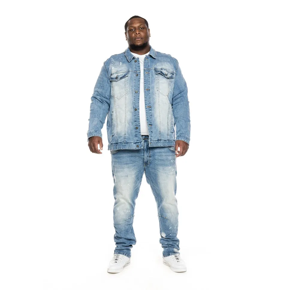 Big and Tall Bleached Detail Semi Basic Jean Jacket - Ocean Blue