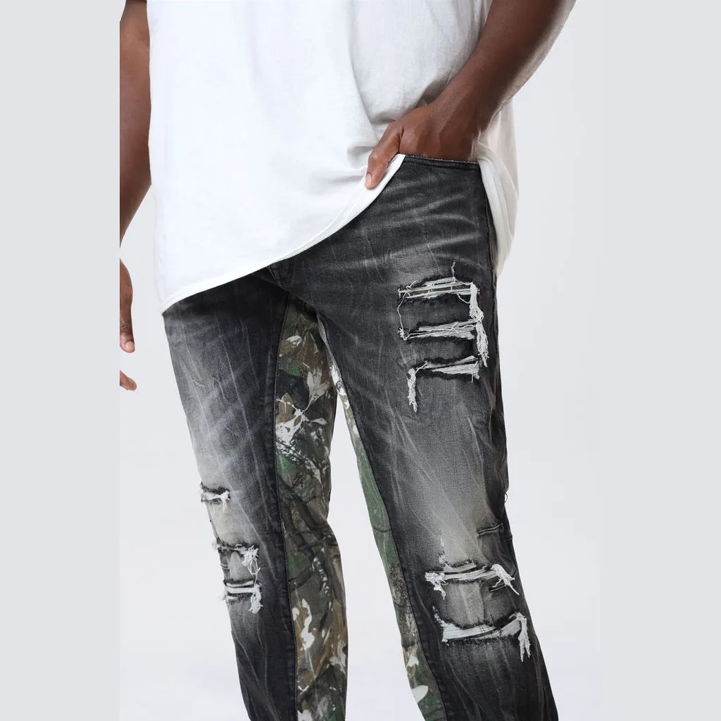 Big and Tall - Long Tree Camo Insert Jeans - Moon Black