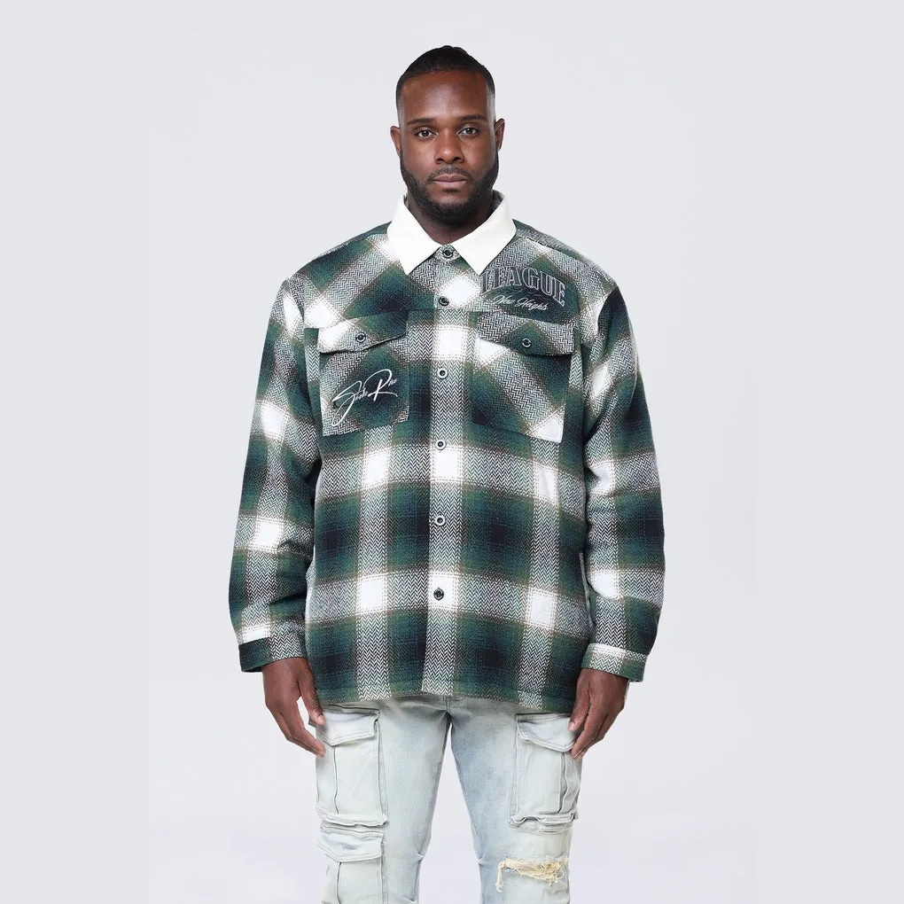 Big and Tall - Vegan Leather Collar Plaid Shacket - Spruce