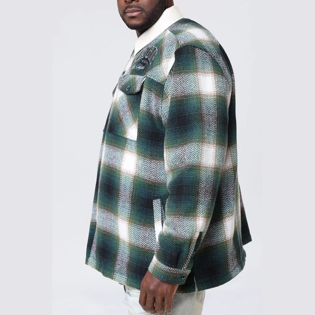 Big and Tall - Vegan Leather Collar Plaid Shacket - Spruce