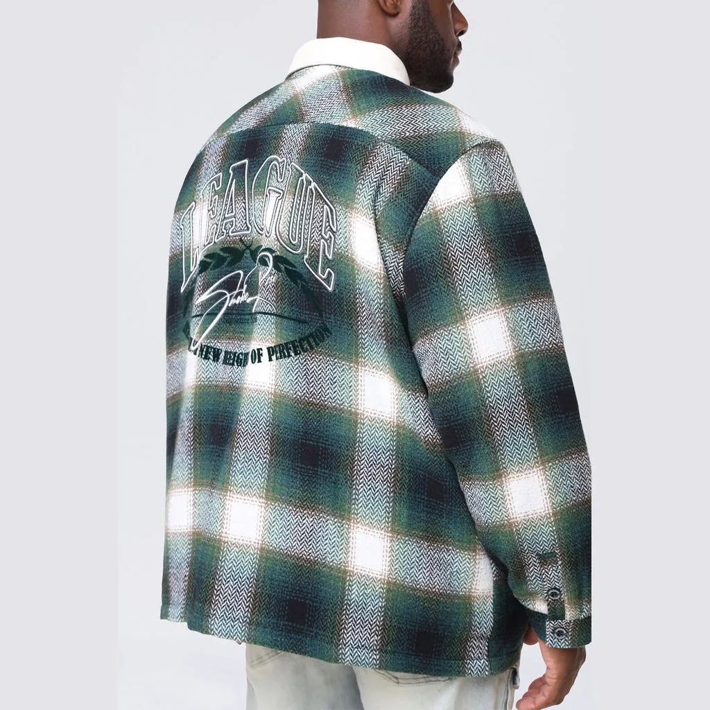 Big and Tall - Vegan Leather Collar Plaid Shacket - Spruce