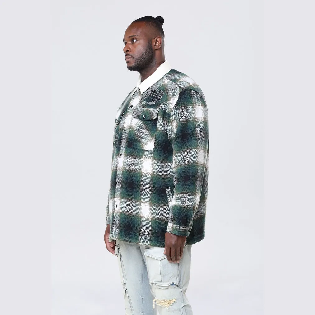 Big and Tall - Vegan Leather Collar Plaid Shacket - Spruce