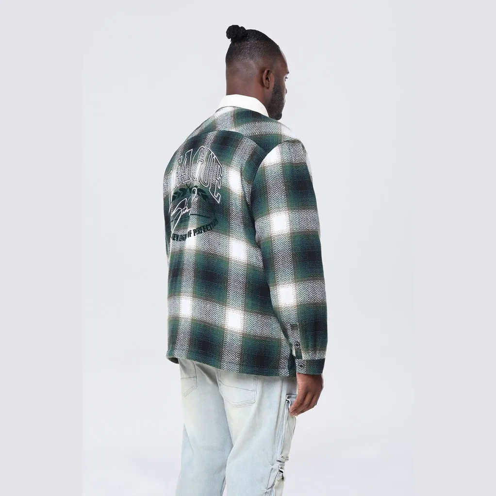 Big and Tall - Vegan Leather Collar Plaid Shacket - Spruce