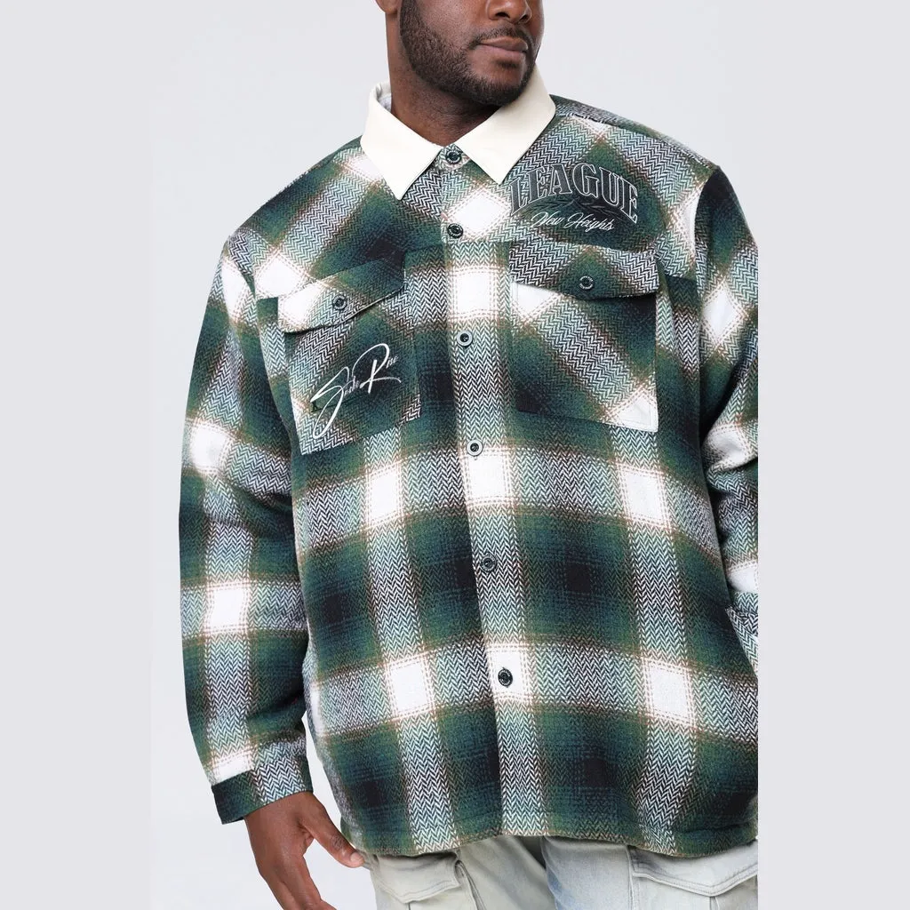 Big and Tall - Vegan Leather Collar Plaid Shacket - Spruce