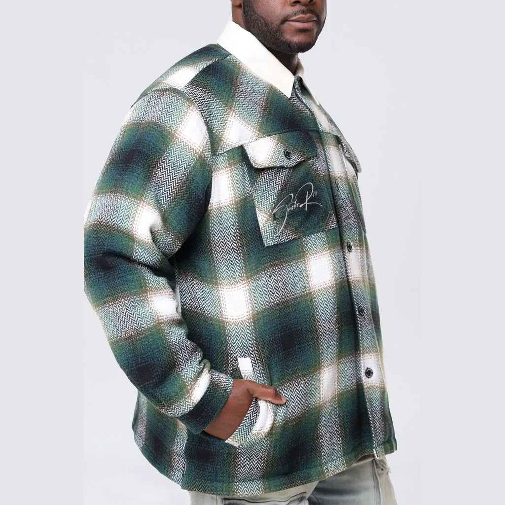 Big and Tall - Vegan Leather Collar Plaid Shacket - Spruce