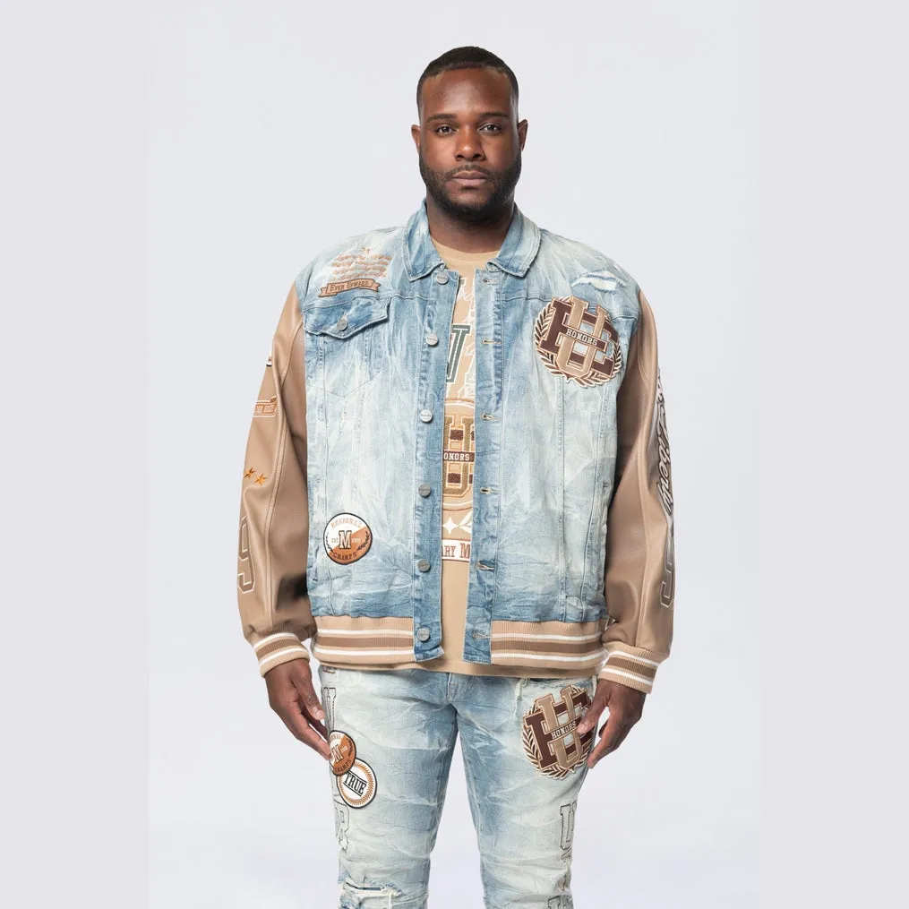 Big and Tall - Vegan Leather Sleeve Varsity Denim Jacket - Clyde Blue