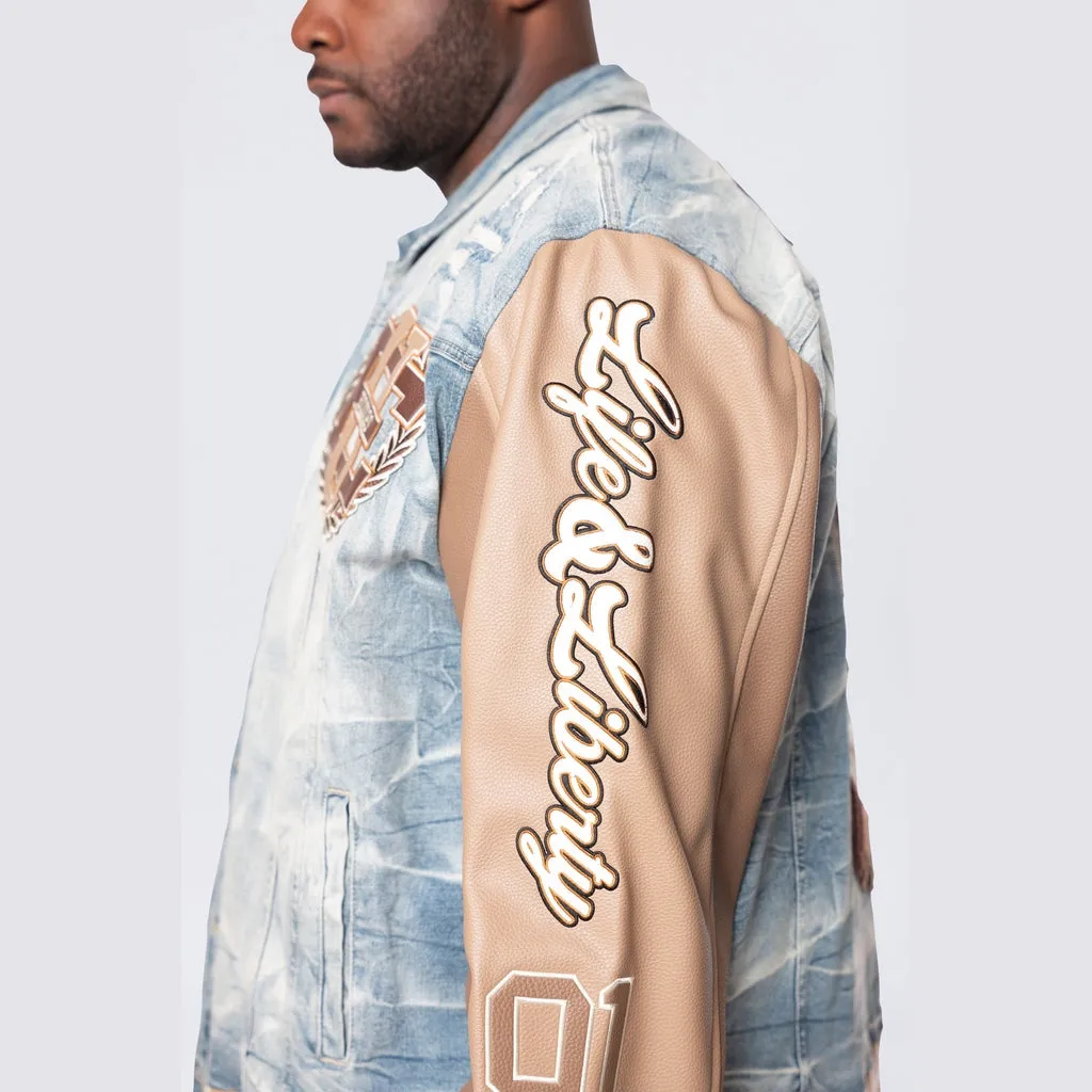 Big and Tall - Vegan Leather Sleeve Varsity Denim Jacket - Clyde Blue