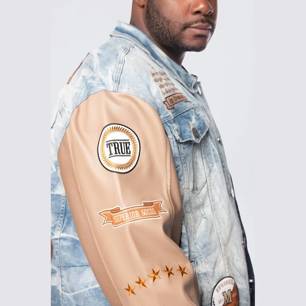 Big and Tall - Vegan Leather Sleeve Varsity Denim Jacket - Clyde Blue