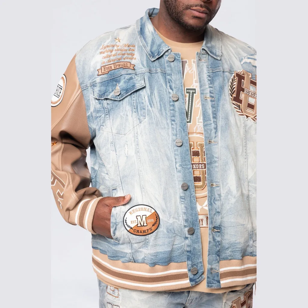 Big and Tall - Vegan Leather Sleeve Varsity Denim Jacket - Clyde Blue