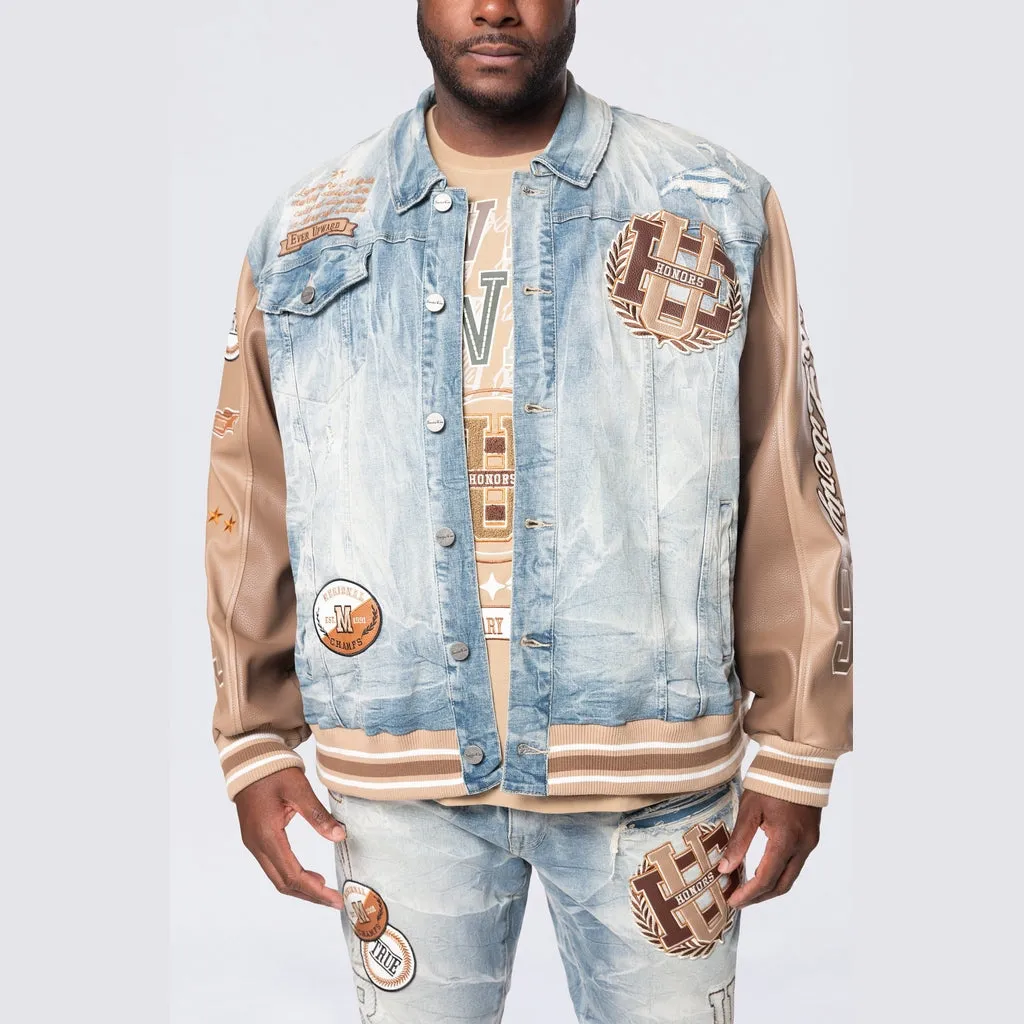 Big and Tall - Vegan Leather Sleeve Varsity Denim Jacket - Clyde Blue