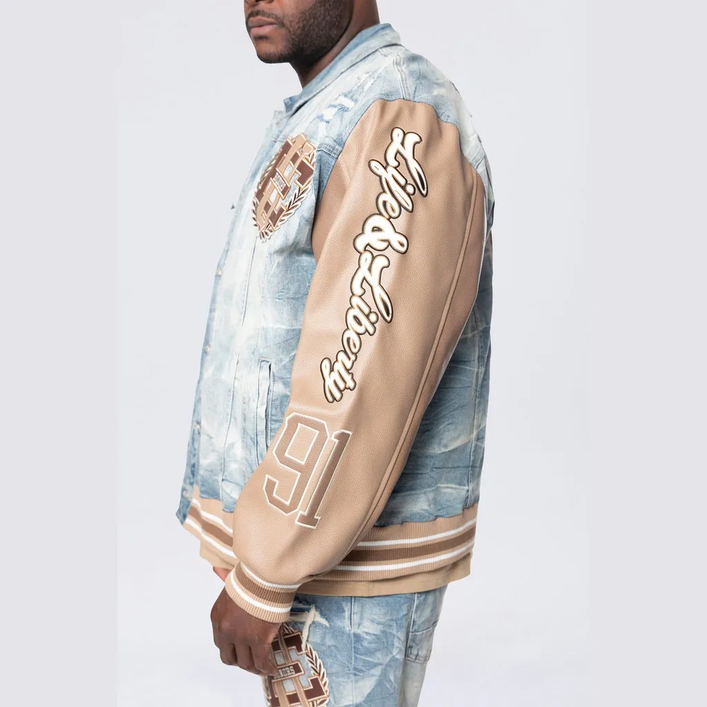 Big and Tall - Vegan Leather Sleeve Varsity Denim Jacket - Clyde Blue