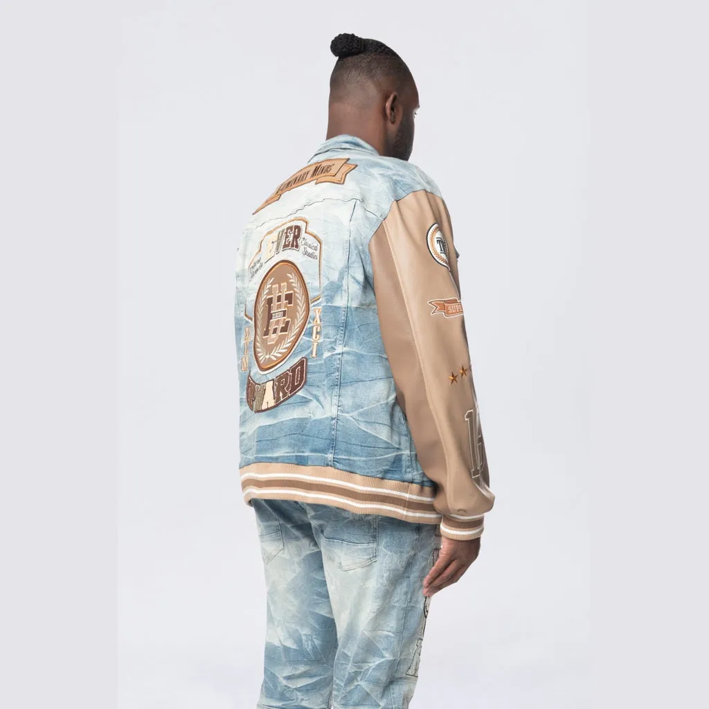 Big and Tall - Vegan Leather Sleeve Varsity Denim Jacket - Clyde Blue