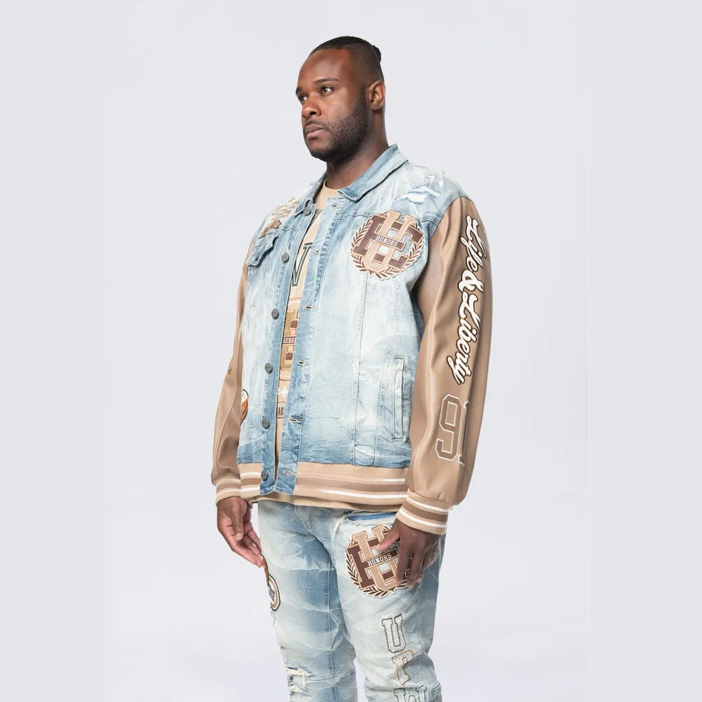 Big and Tall - Vegan Leather Sleeve Varsity Denim Jacket - Clyde Blue