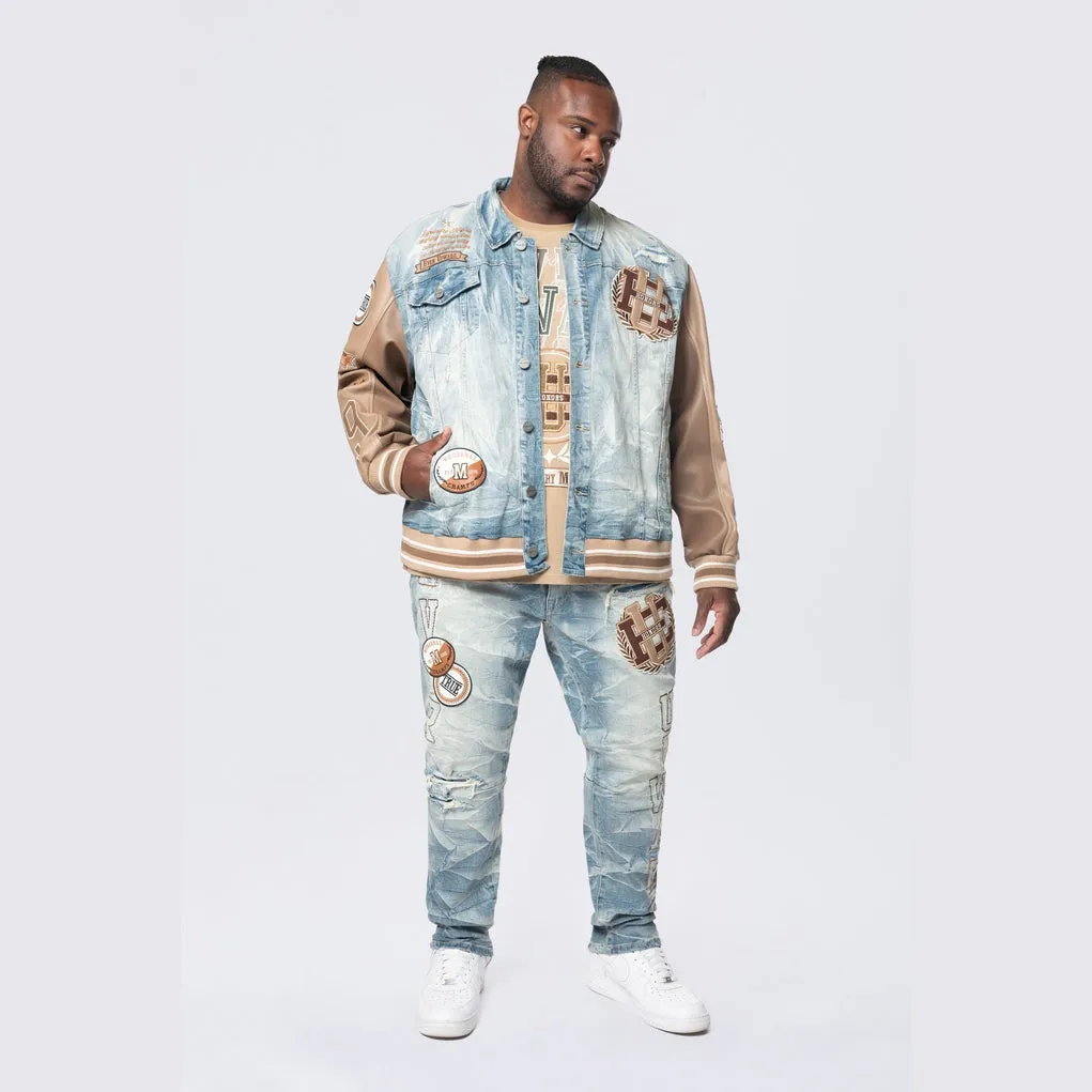 Big and Tall - Vegan Leather Sleeve Varsity Denim Jacket - Clyde Blue