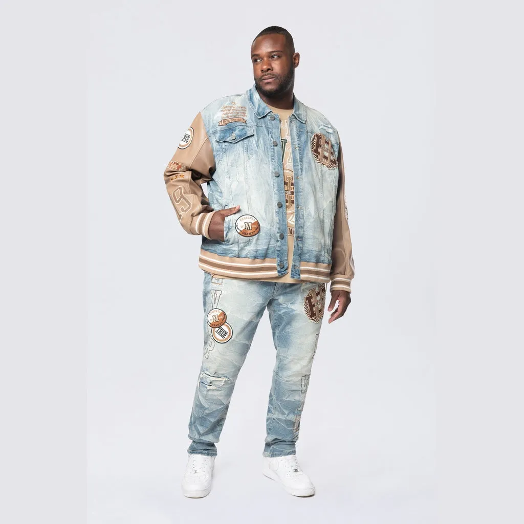 Big and Tall - Vegan Leather Sleeve Varsity Denim Jacket - Clyde Blue