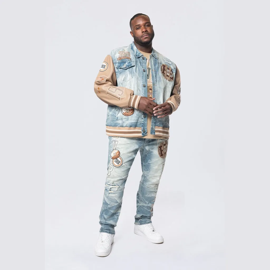 Big and Tall - Vegan Leather Sleeve Varsity Denim Jacket - Clyde Blue