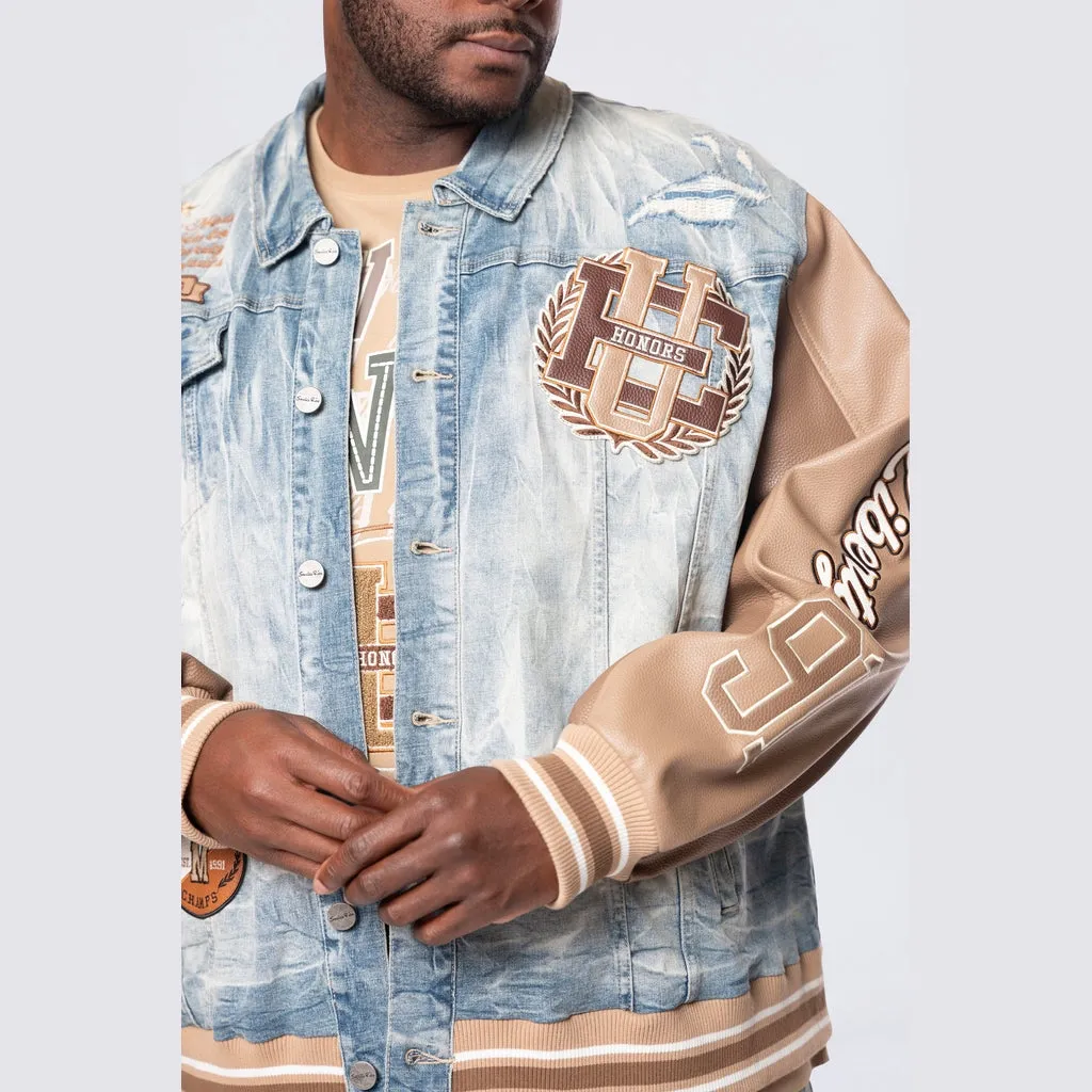 Big and Tall - Vegan Leather Sleeve Varsity Denim Jacket - Clyde Blue