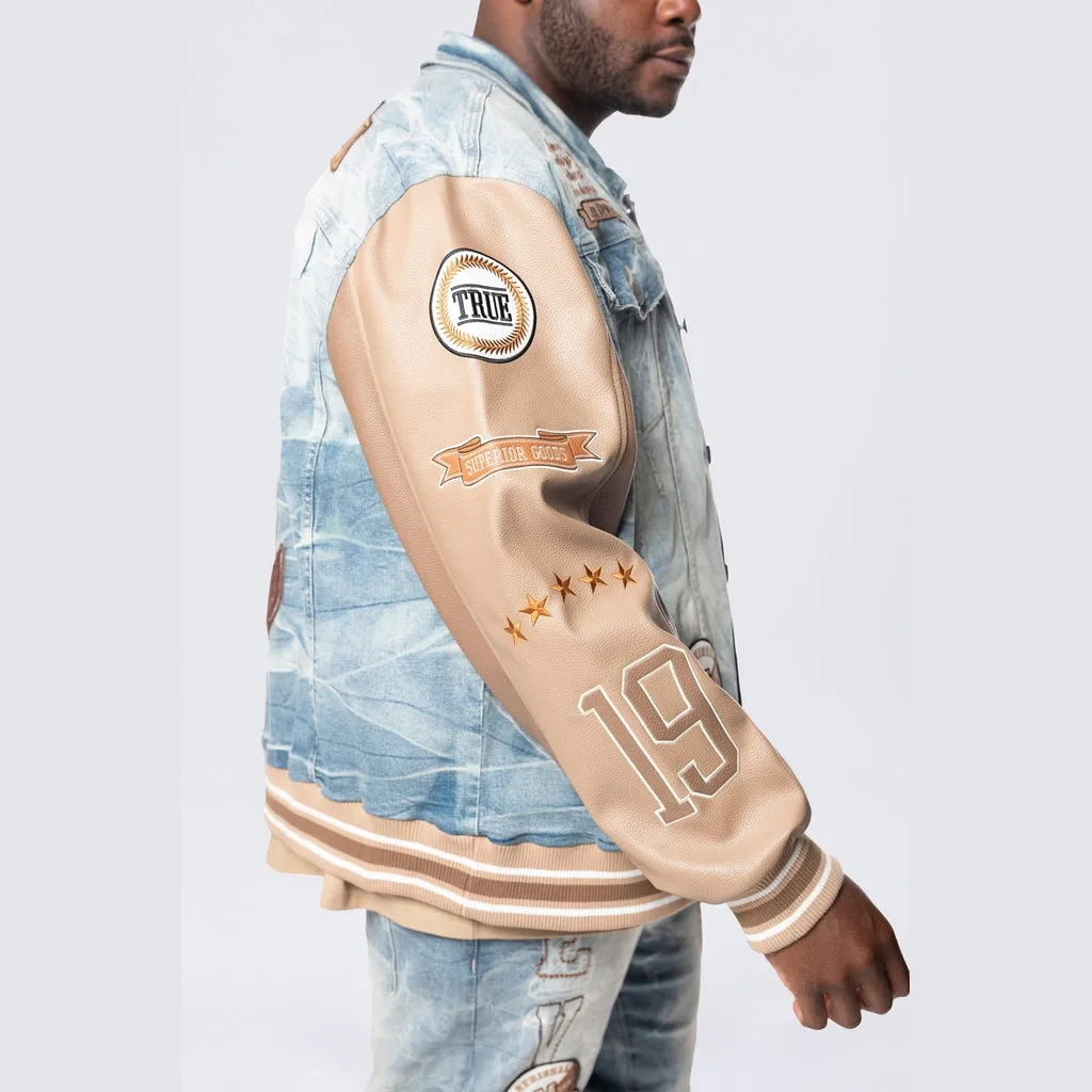 Big and Tall - Vegan Leather Sleeve Varsity Denim Jacket - Clyde Blue