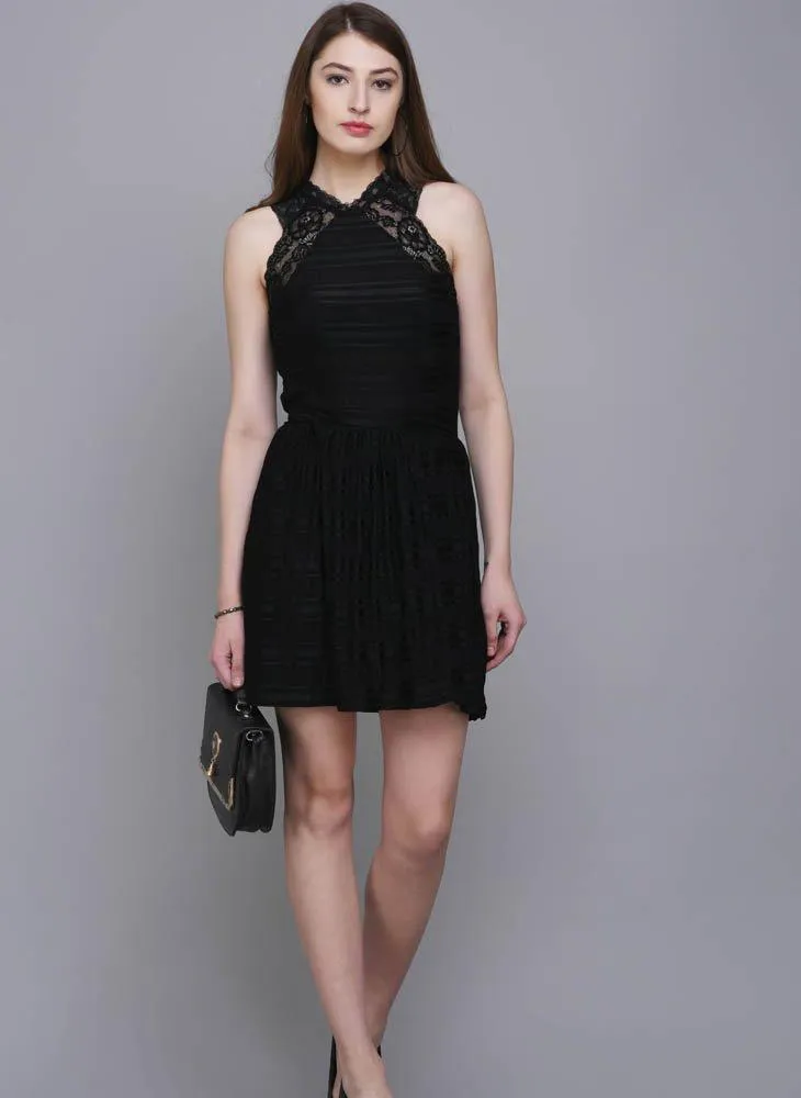 Black Fit & Flare Dress with Lace Detail