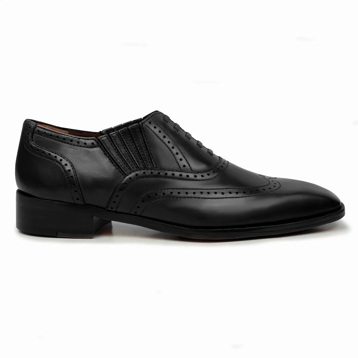 Black Lazy Man Stylish Wingtip Punching with Fixed Oxford Leather Lace-Up Formal Shoe