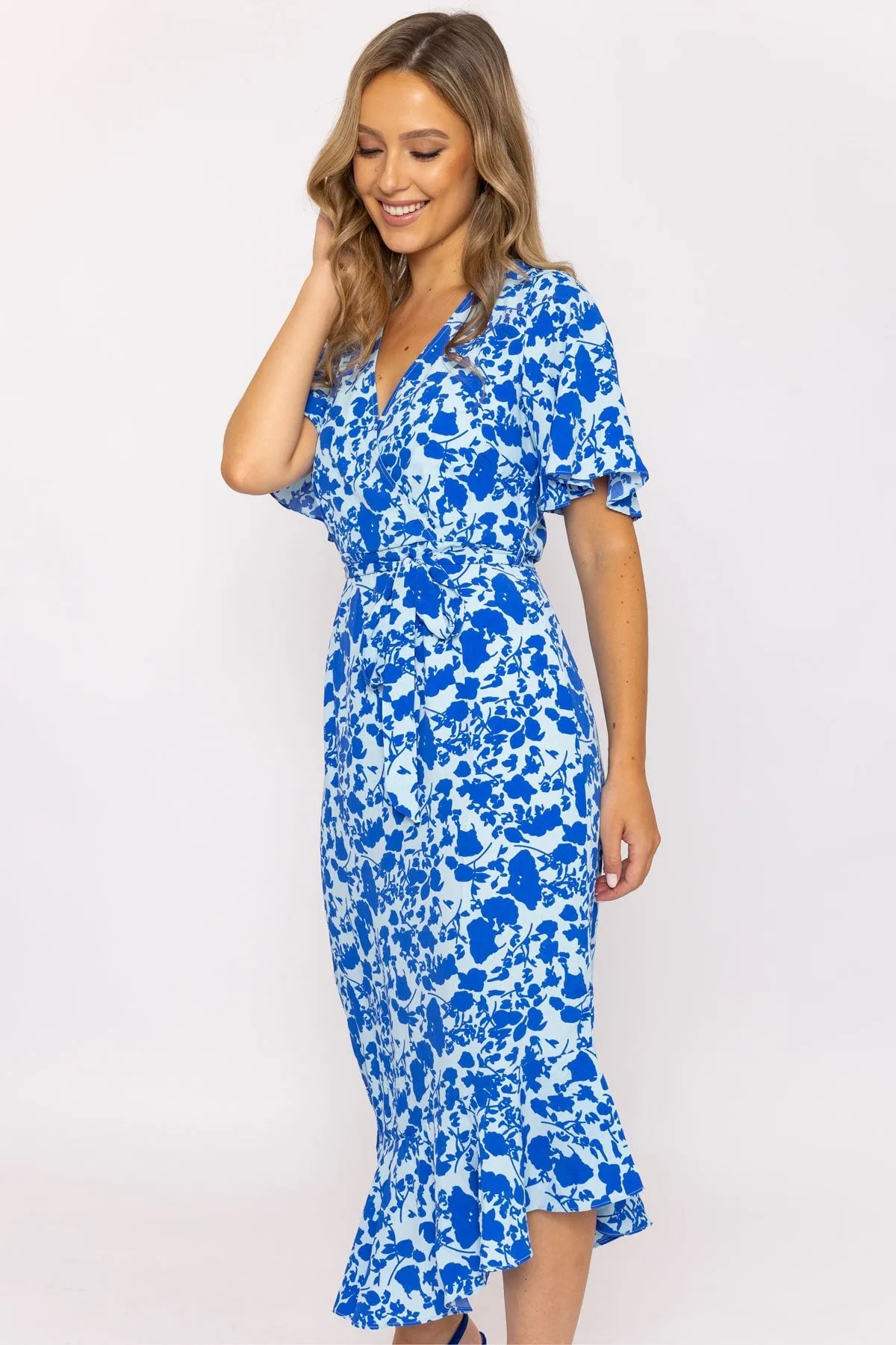 Blue Ruffle Wrap Midi Dress