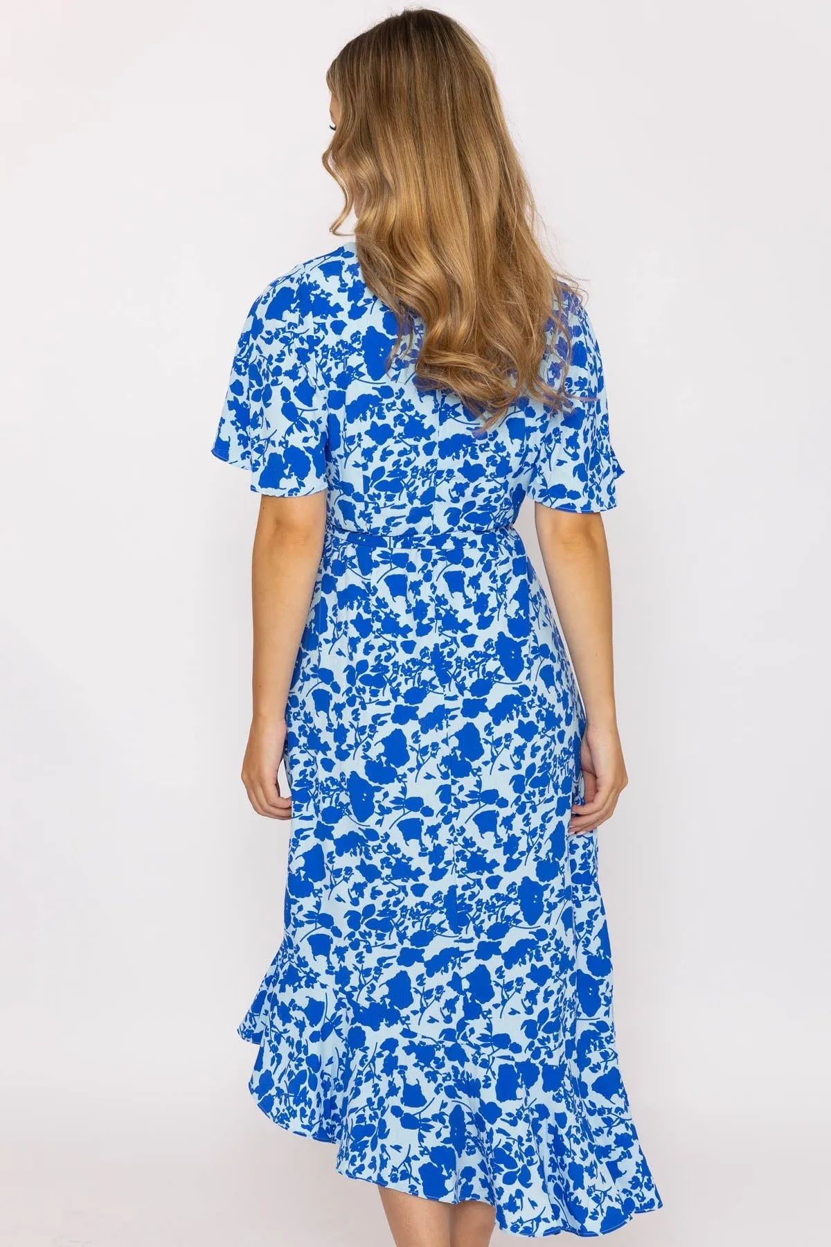 Blue Ruffle Wrap Midi Dress